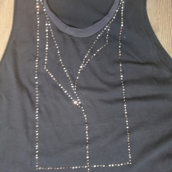 Y2K vintage crystal studded tuxedo tromp d'oeuvre satin trimmed muscle t-shirt - Picture 2 of 4